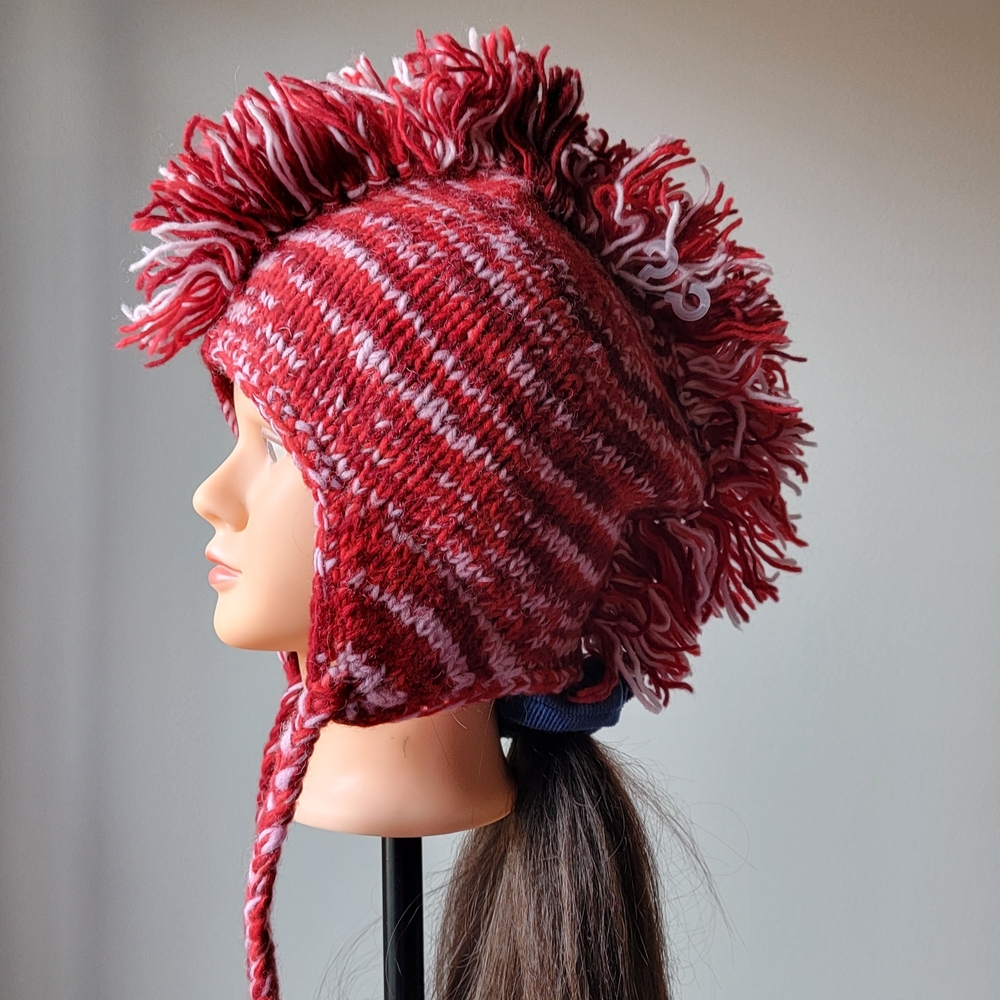 100% Wool, Red and White Knit Mohawk Hat